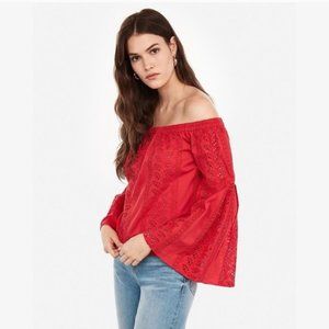 Express Red Eyelet Off Shoulder Billow Sleeve Top